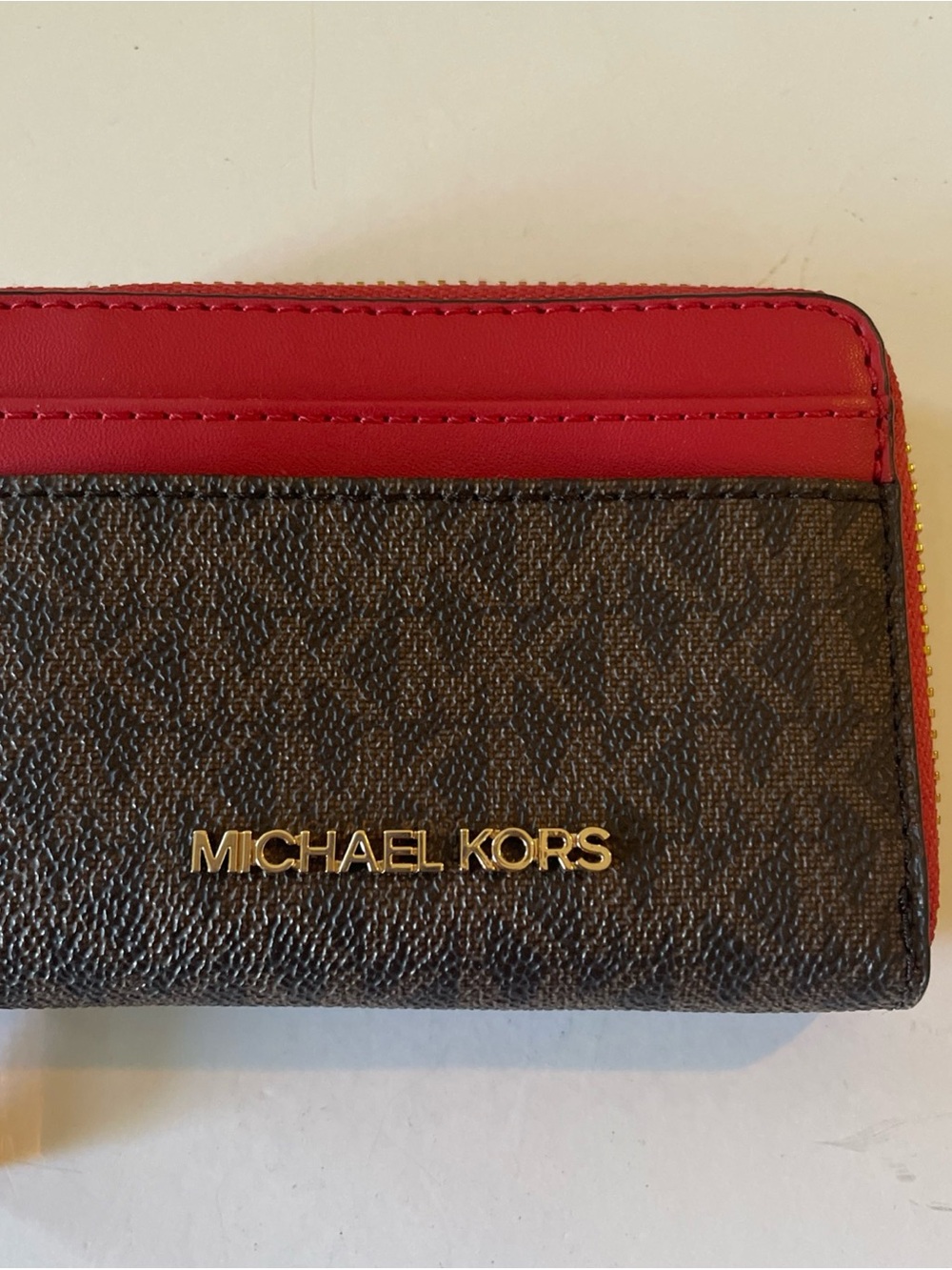 Michael Kors Red and Brown Signature Zip Card Holder